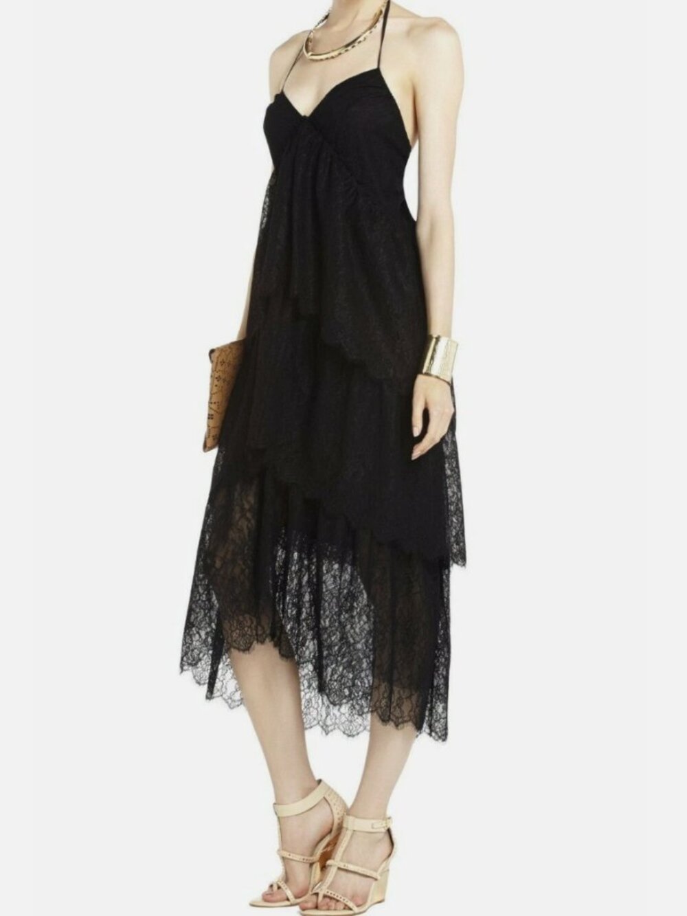 BCBGMAXAZRIA - Black Lace Tiered Halter Dress - XXS